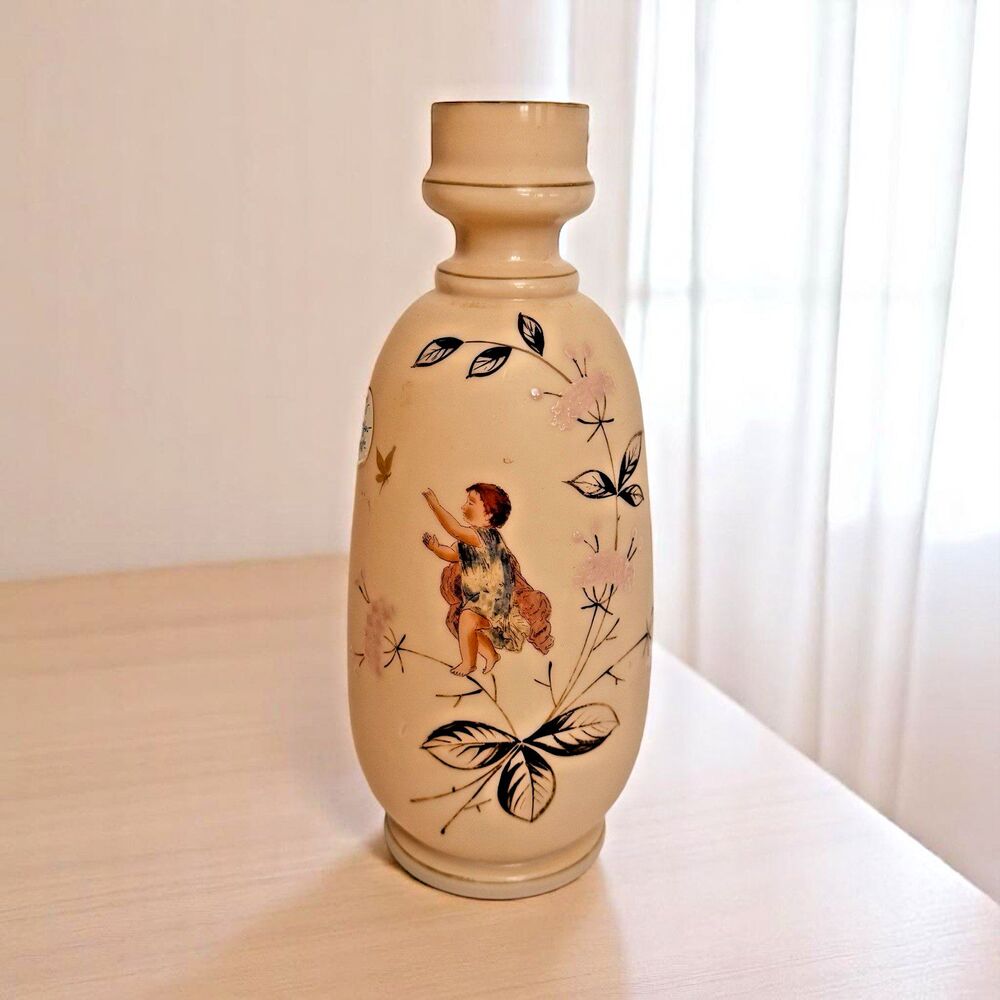 Vintage Pink Fire Glow Vase – 10" Cherub & Floral Design – Satin Glass Finish